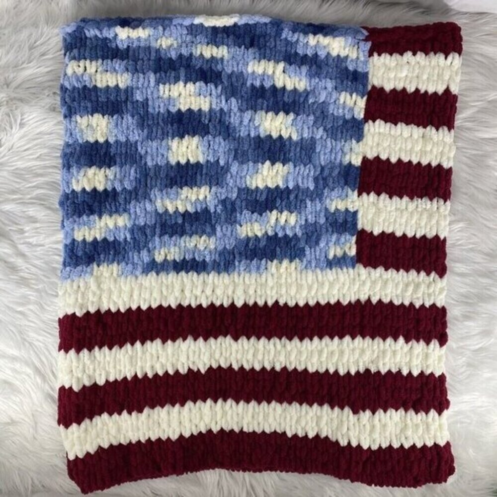 Handmade Chunky Knit American Flag Blanket Chenille Patriotic‎ USA Throw NEW